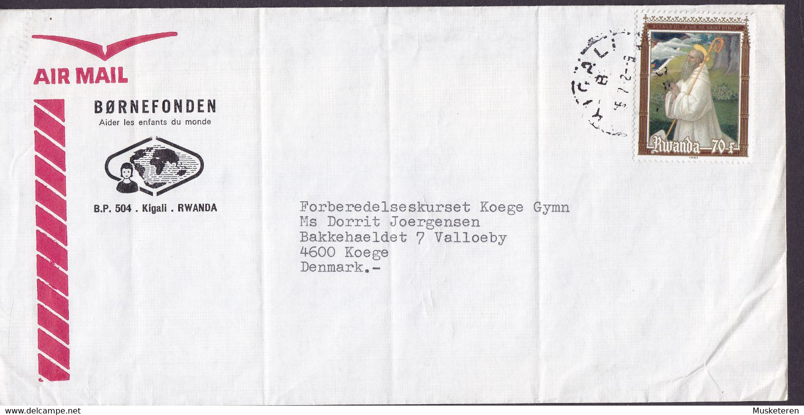 Rwanda Airmail CCF BØRNEFONDEN Children Aid Kigali 1985? Cover VALLØ, KØGE Denmark Mi. 1141 Holy Benedict - Sonstige & Ohne Zuordnung