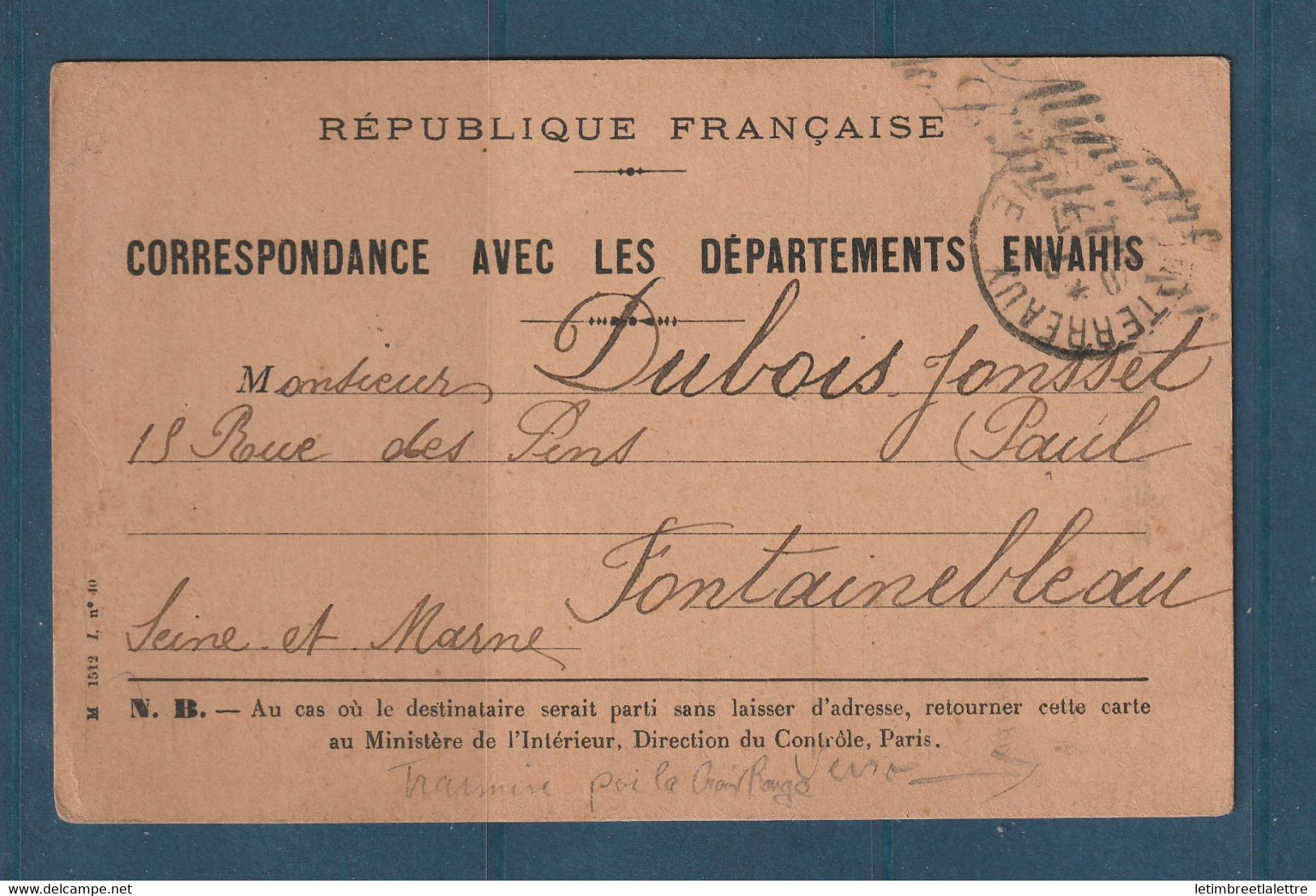 France - Croix Rouge - Carte Transmise Par La Croix Rouge Avec Franchise Du Ministère De L'intérieur - 1916 - Croix Rouge