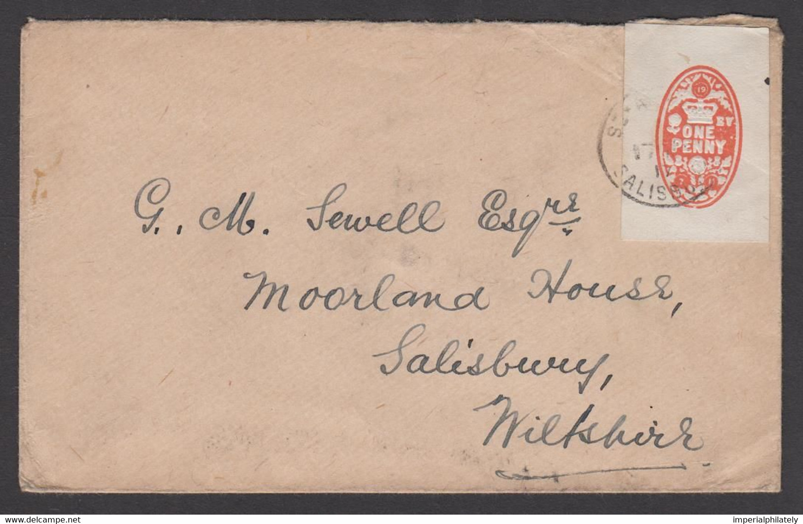 1917 Envelope With 1d Vermilion Embossed Cheque Stamp Tied By St. Helens Cds - Steuermarken