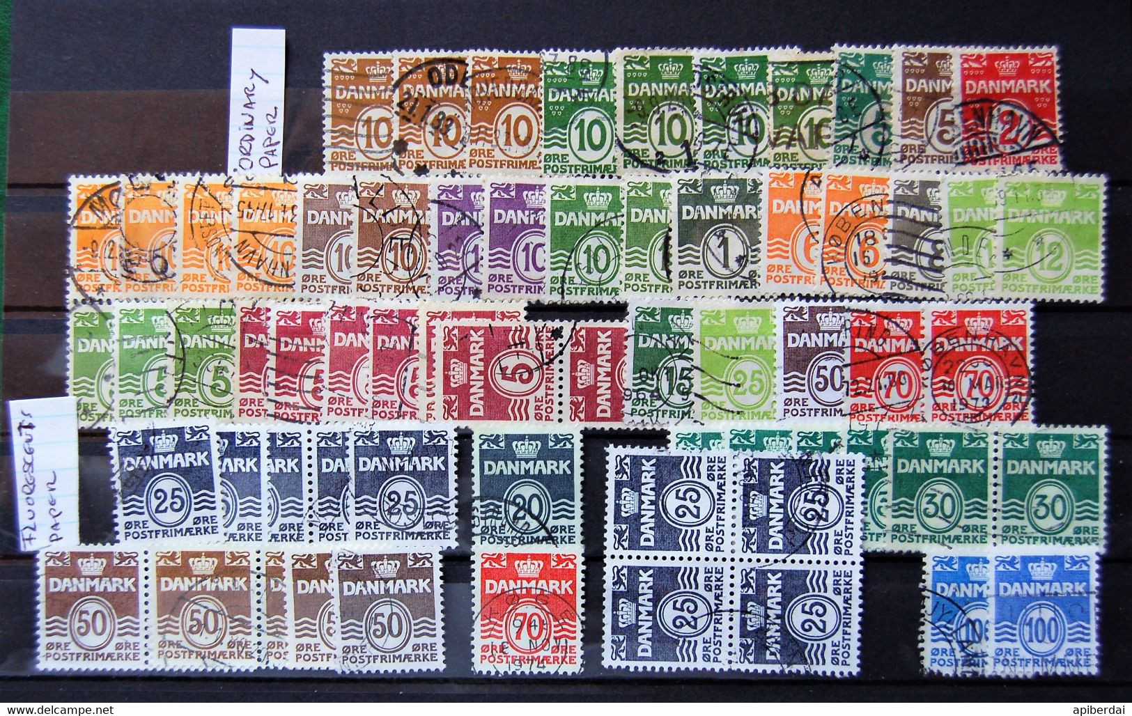 Danmark Danemark Danish - Accumulation Of 100 Stamps "wavy Line" Ordinary Paper And Fluorescent Paper Used - Verzamelingen