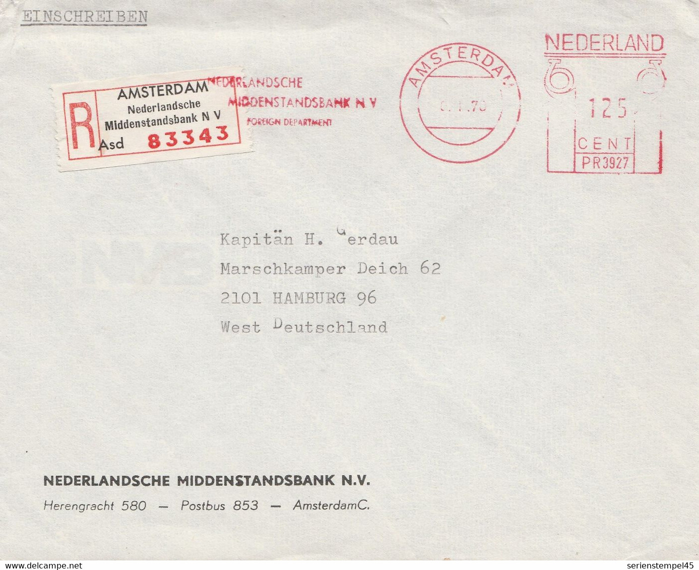 Niederlande  Freistempel Einschreibe Brief Amsterdam Middenstandbank 1978 - Franking Machines (EMA)