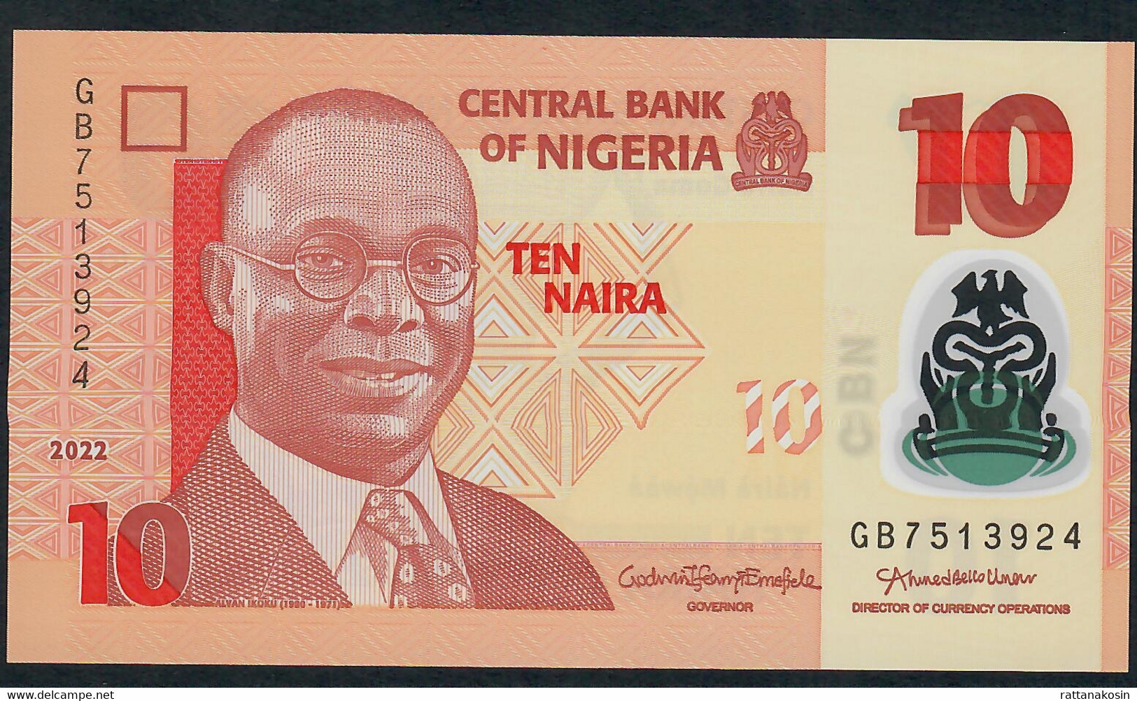 NIGERIA P39r  10 NAIRA 2022 #GB Signature 23    UNC. - Nigeria