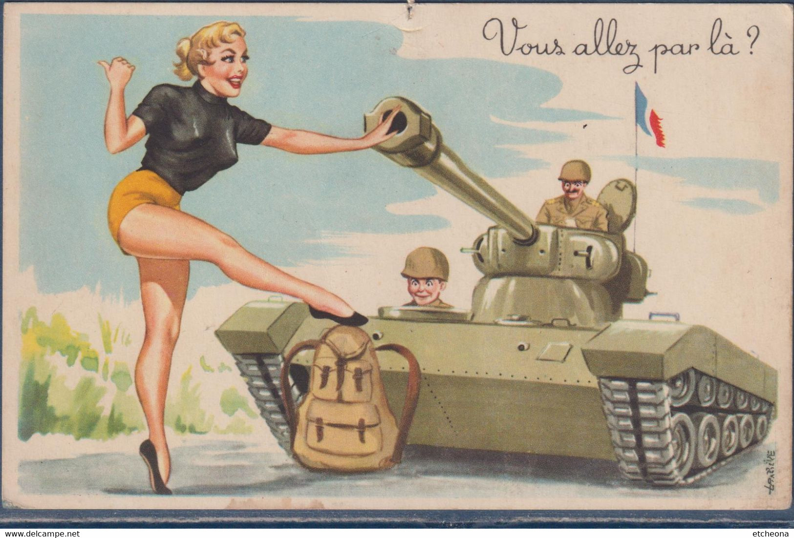 Carte Postale Auto-stoppeuse "Vous Allez Par Là?" Devant Un Char Au Drapeau Tricolore FRançais - Pin-Ups