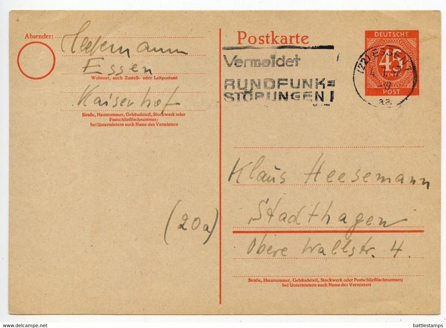 Germany 1947 45pf. Numeral Postal Card / Postkarte; Essen To Stadthagen, Slogan Cancel - Ganzsachen