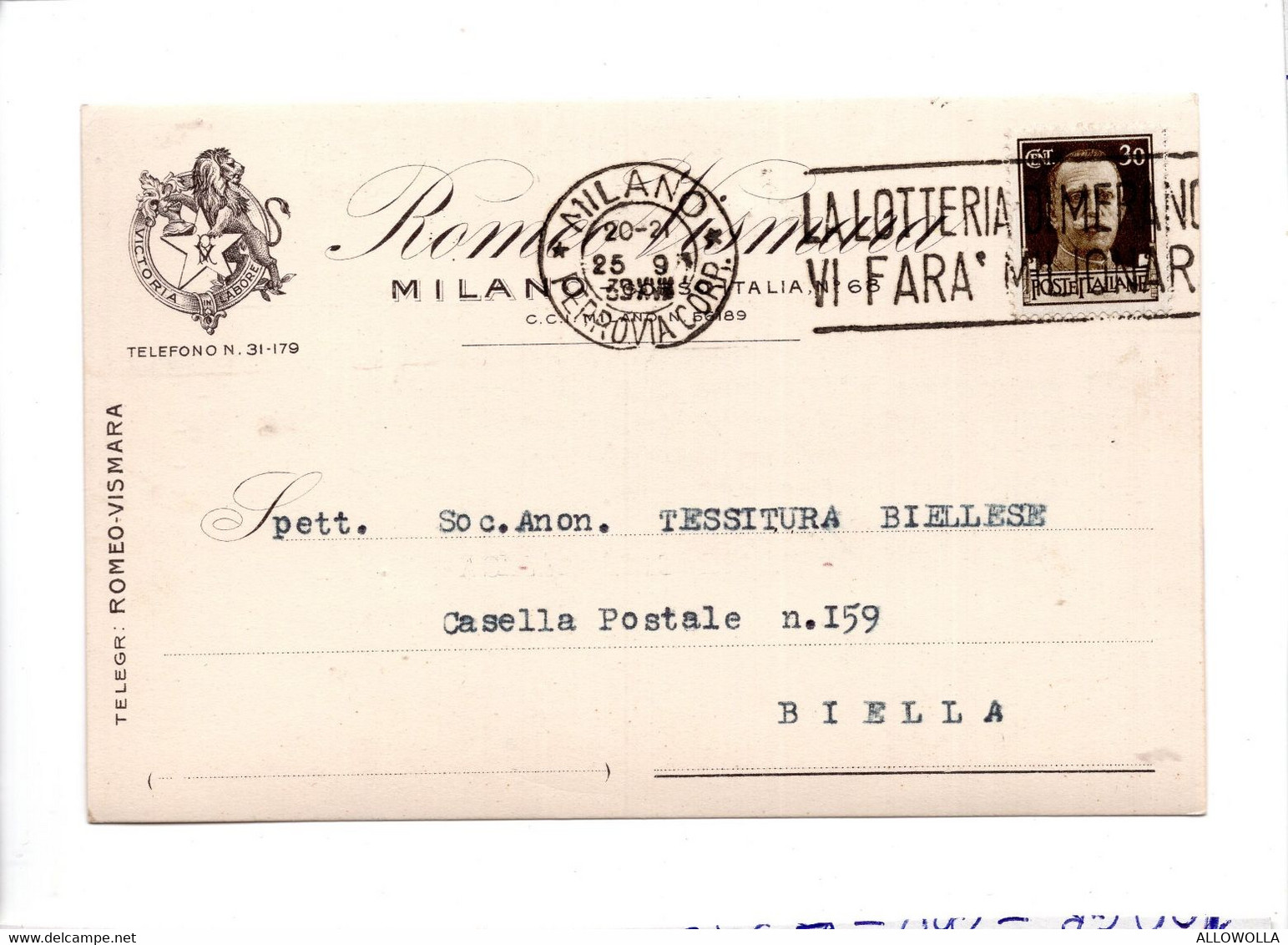 19558 " ROMOLO VISMARA-MILANO "-CART. POST. ORIG. SPEDITA 1939 - Shopkeepers