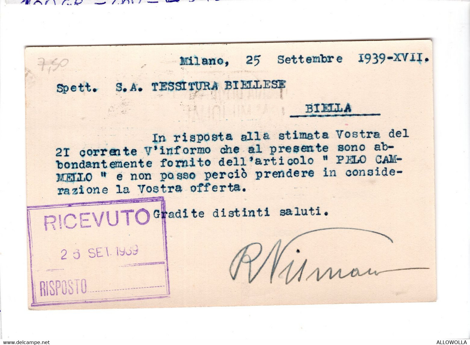 19558 " ROMOLO VISMARA-MILANO "-CART. POST. ORIG. SPEDITA 1939 - Shopkeepers