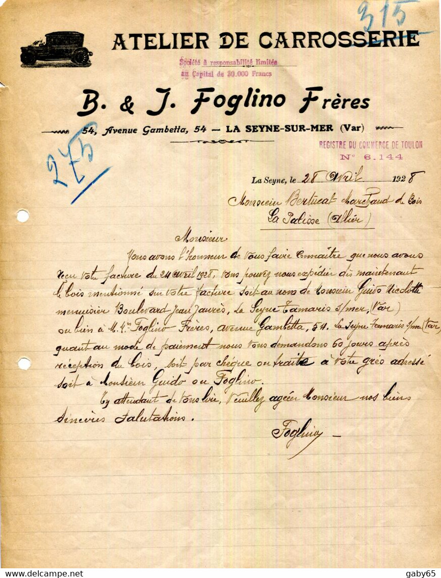 FACTURE.83.VAR.LA SEYNE SUR MER.ATELIER DE CARROSSERIE.B. & J.FOGLINO FRERES 54 AVENUE GAMBETTA. - Cars