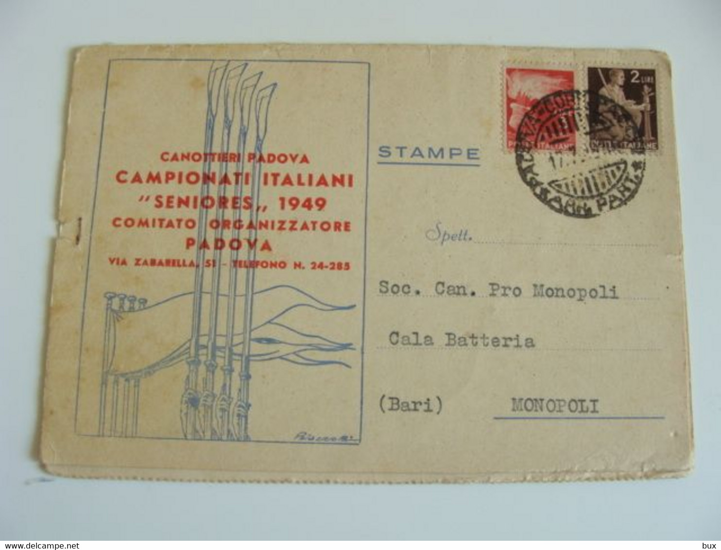 1949 PADOVA CAMPIONATI ITALIANI CANOTTIERI CARTOLINA  DOPPIA ELENCO ALBERGO E RISTORANTI A MONOPOLI   CANOA REMI SPORT - Canottaggio