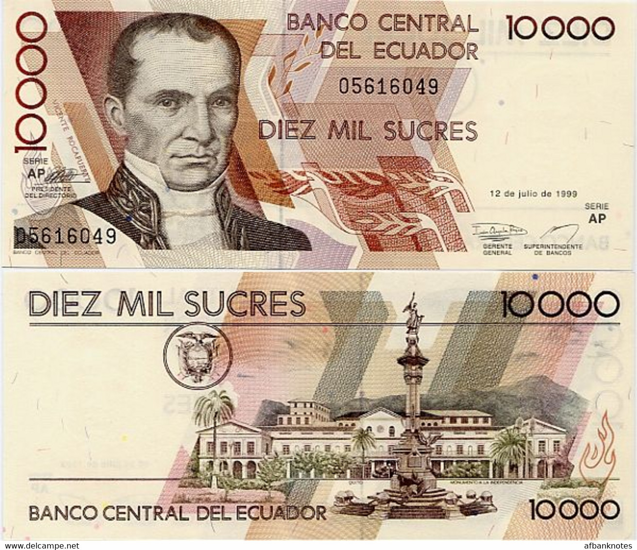 ECUADOR       10,000 Sucres       P-127e       12.7.1999       UNC  [ Serie AP ]  [ 10000 ] - Equateur