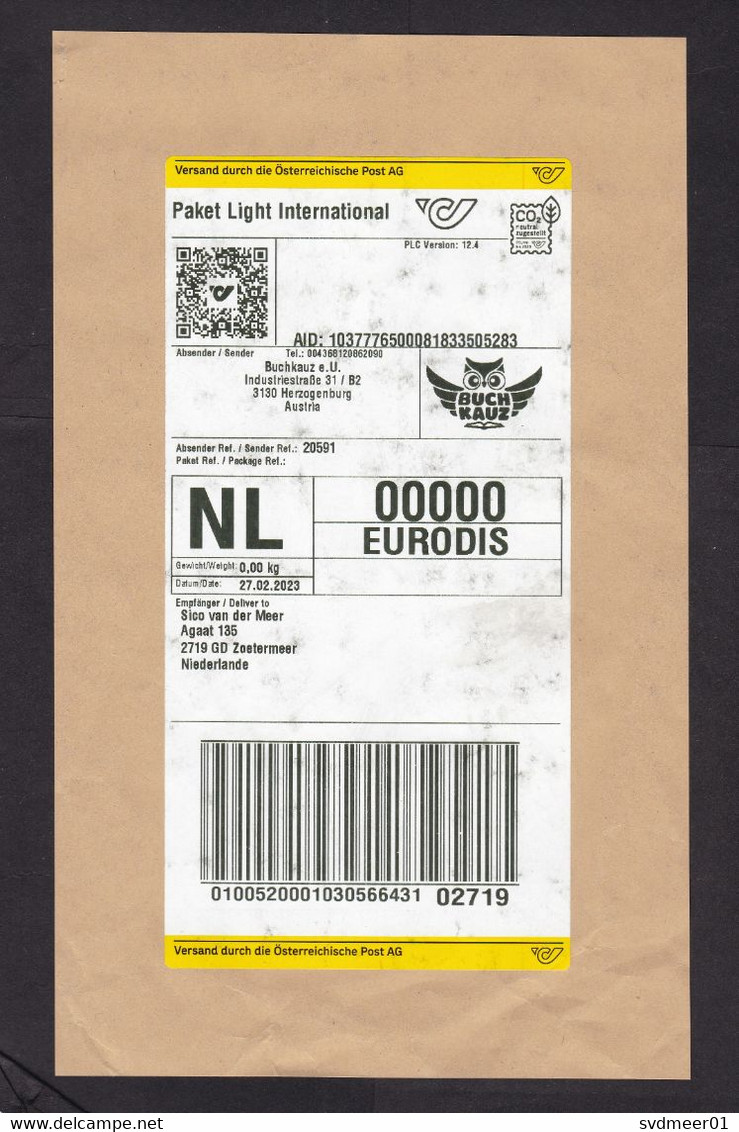 Austria: Parcel Fragment (cut-out) To Netherlands, 2023, Label Paket Light International, QR Code (stains, See Scan) - Briefe U. Dokumente