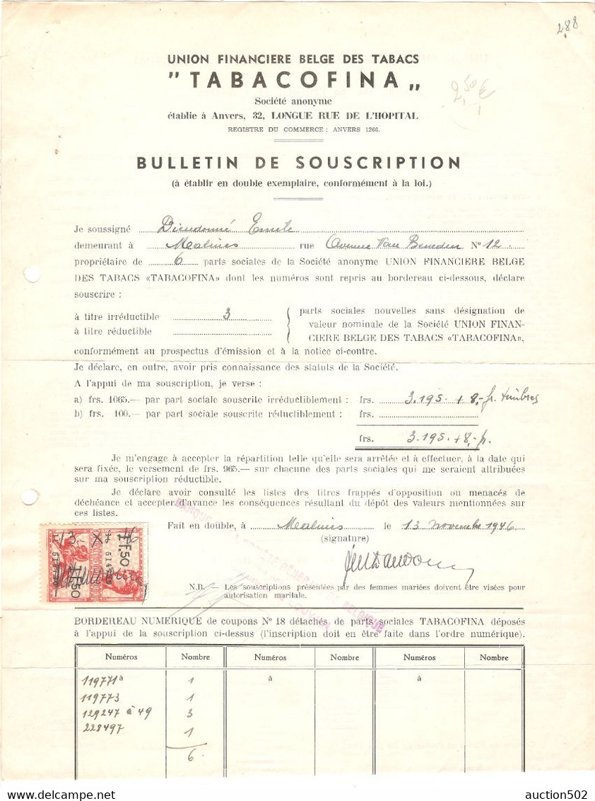 Bulletin De Souscription Tabacofina Union Financière Belge Des Tabacs Fait En Double à Malines 13/11/1946 TP Fiscal - S - V