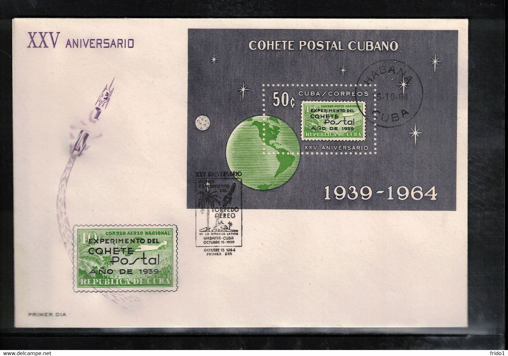 Cuba 1964 Space / Raumfahrt 25th Anniversary Of The First Post Rocket Experiment- Rockets And Satellites Stamp+block FDC - Amérique Du Sud