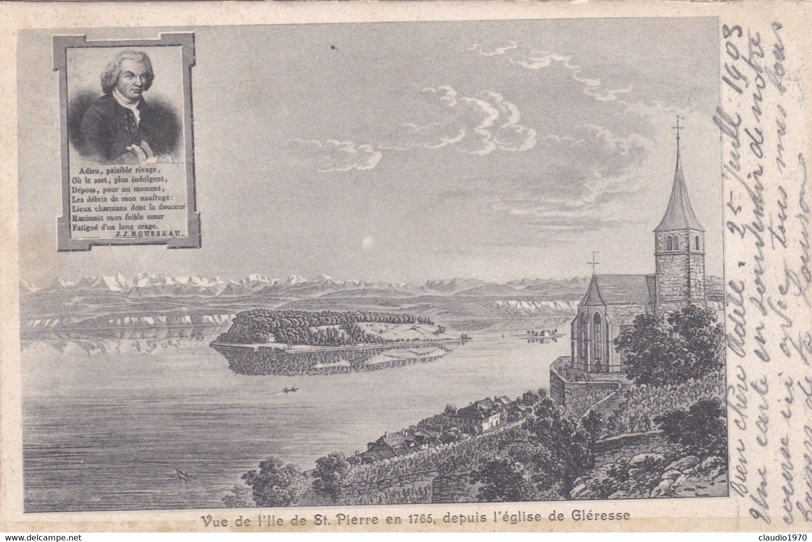 SVIZZERA -  CARTOLINA - VUE DE L'IIè DE ST. PIERRE EN 1765, DESPUIS L'èGLISE DE GLèRESSE -  VIAGGIATA PER BUTTES - 1903 - Gléresse