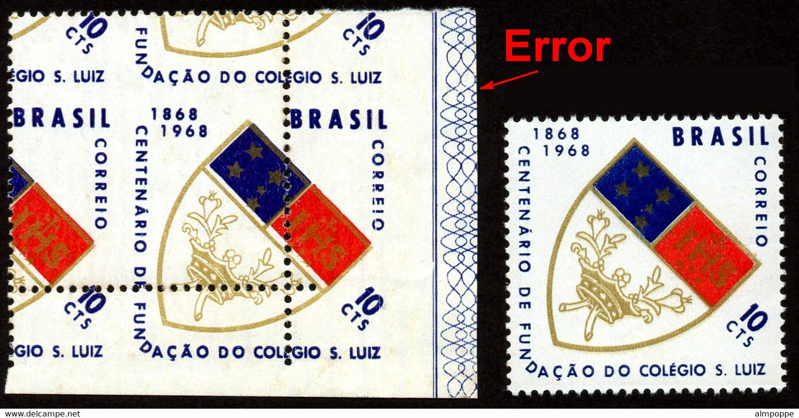 Ref. BR-1082-R BRAZIL 1968 - ** ERROR ** PERFORATIONAND 'MARMORIZADO' PAPER, MI# 1170, EDUCATION 2V Sc# 1082 - Fehldrucke