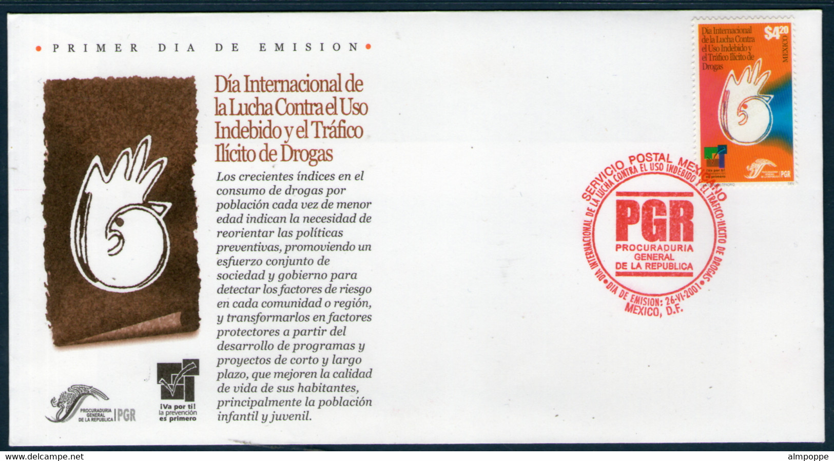 Ref. MX-2229FD MEXICO 2001 - DAY AGAINST ILLEGAL DRUGS, ANTI DRUGS, MI# 2924, FDC, HEALTH 1V Sc# 2229 - Drogen