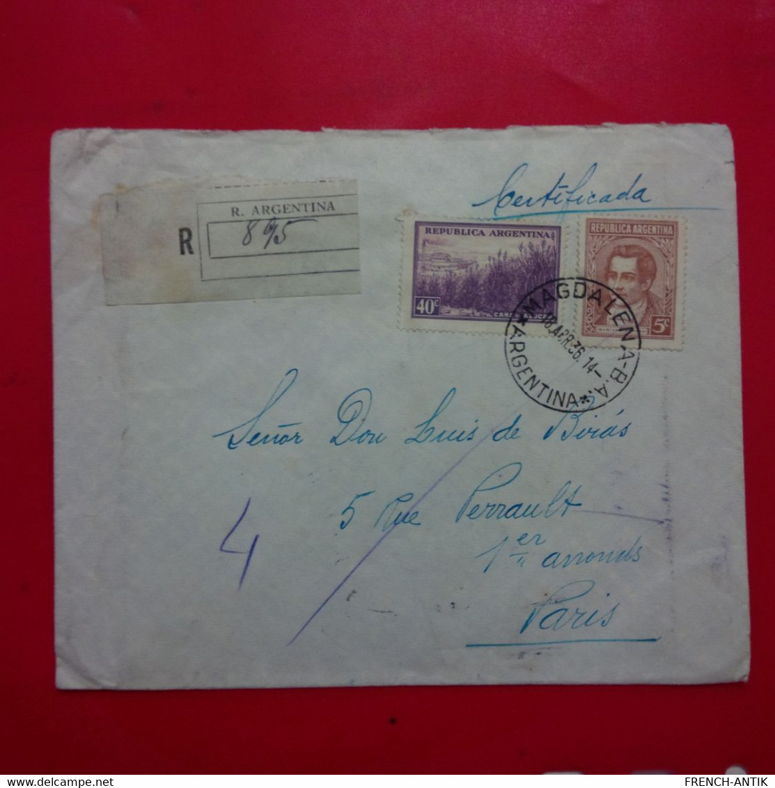 LETTRE RECOMMANDE ARGENTINE MAGDALENA POUR PARIS - Cartas & Documentos