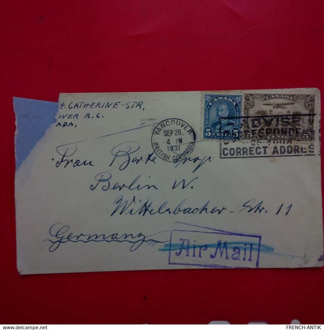 LETTRE VANCOUVER POUR BERLIN POSTE AERIENNE - Cartas & Documentos