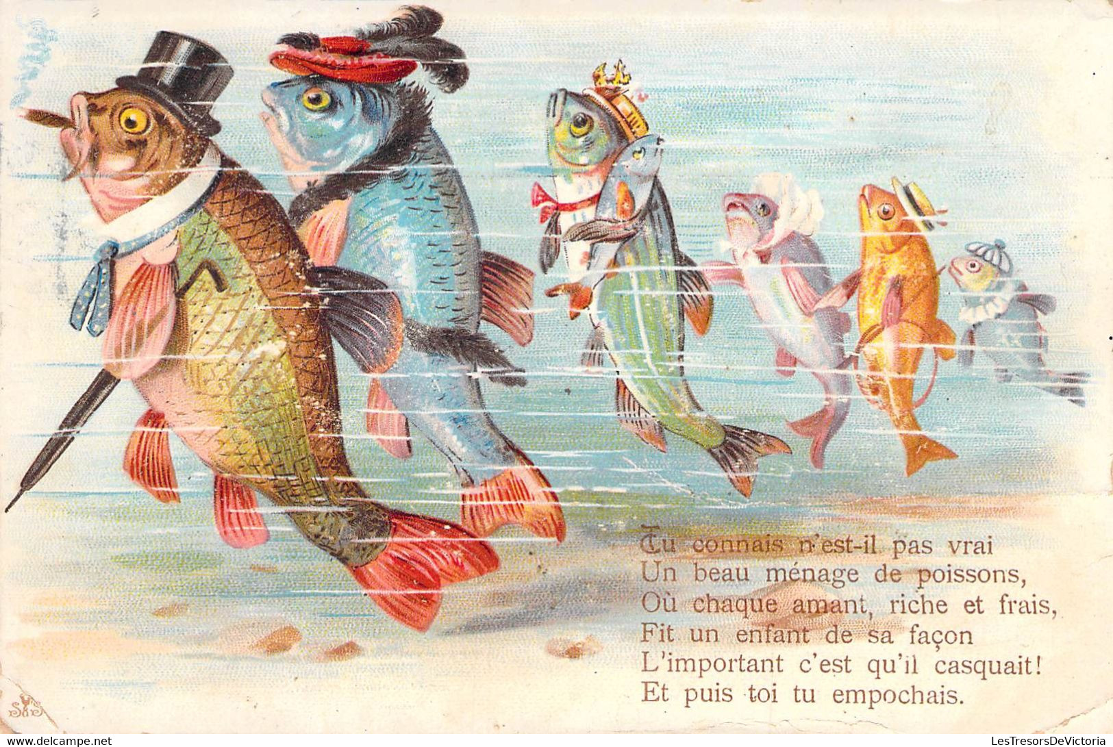 Fantaisies - Poissons Déguisés - Poème - Oblitéré Ixelles 1919 - Carte Postale Ancienne - Animaux Habillés