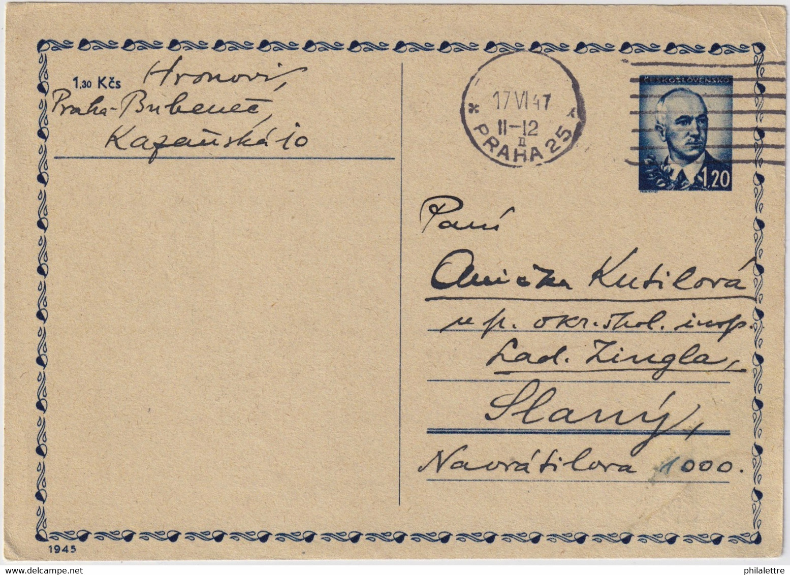 TCHÉCOSLOVAQUIE / CESKOSLOVENSKO - 1947 1.20Kr Blue Postal Card Mi.P94 - Used Prag To Slaný - Cartes Postales