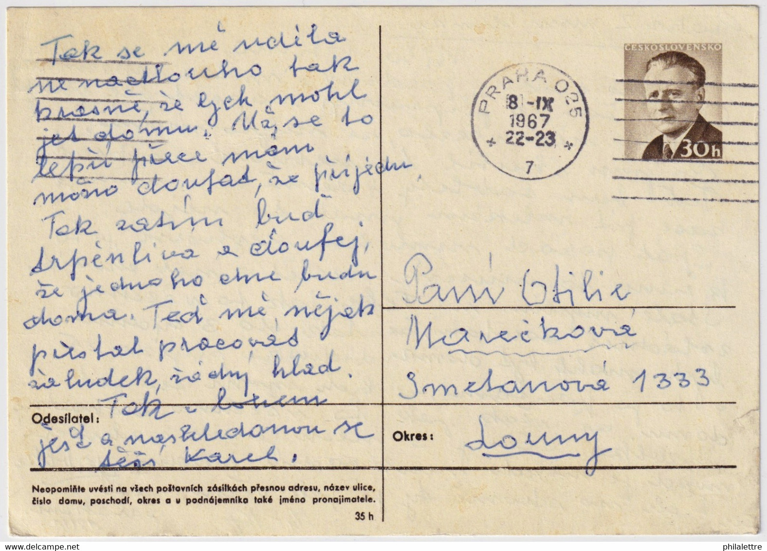 TCHÉCOSLOVAQUIE / CESKOSLOVENSKO - 1967 30h Brown Postal Card Mi.P167 - Used Prag To Louny - Cartoline Postali