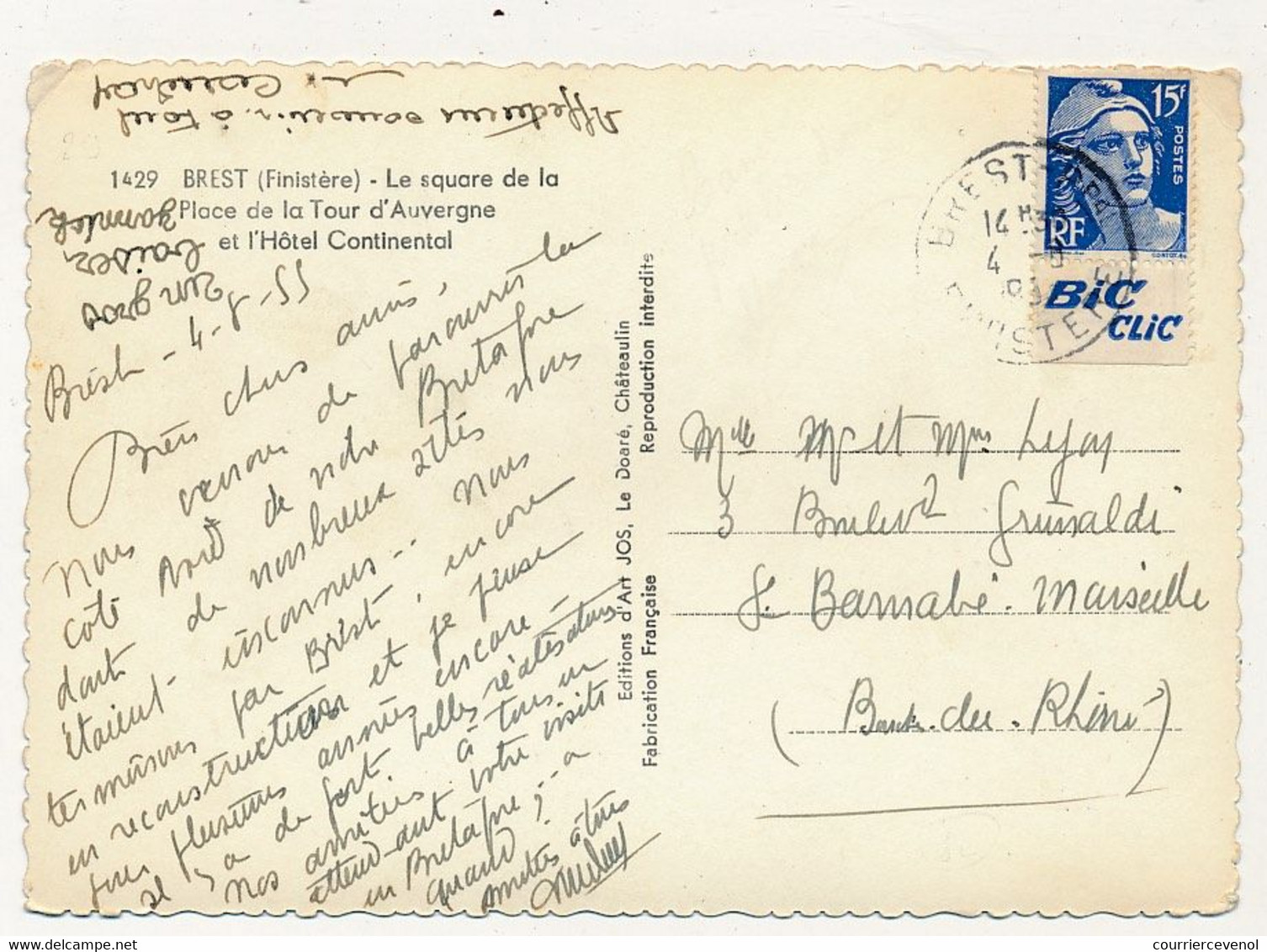 FRANCE - CP. Affr 15f Gandon Avec Bandelette "BIC Clic" - Brest Finistère 1955 - Lettres & Documents