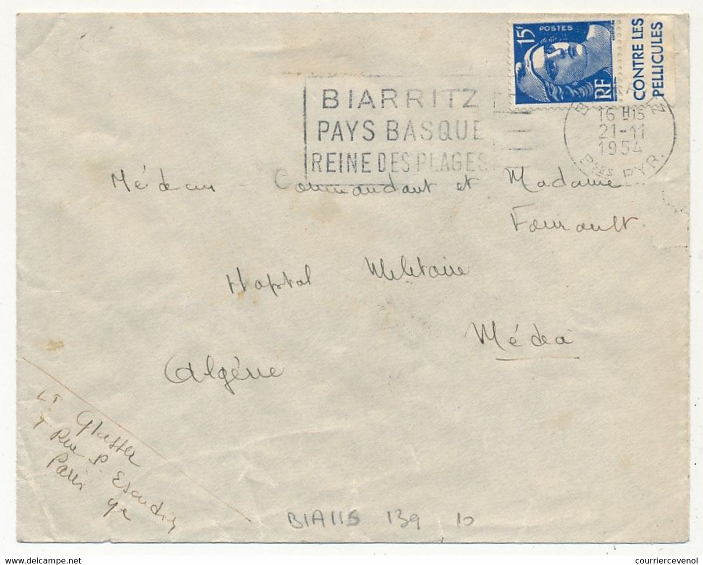 FRANCE - Enveloppe. Affr 15f Gandon Avec Bandelette "Contre Les Pellicules" - Biarrritz 1954 - Storia Postale