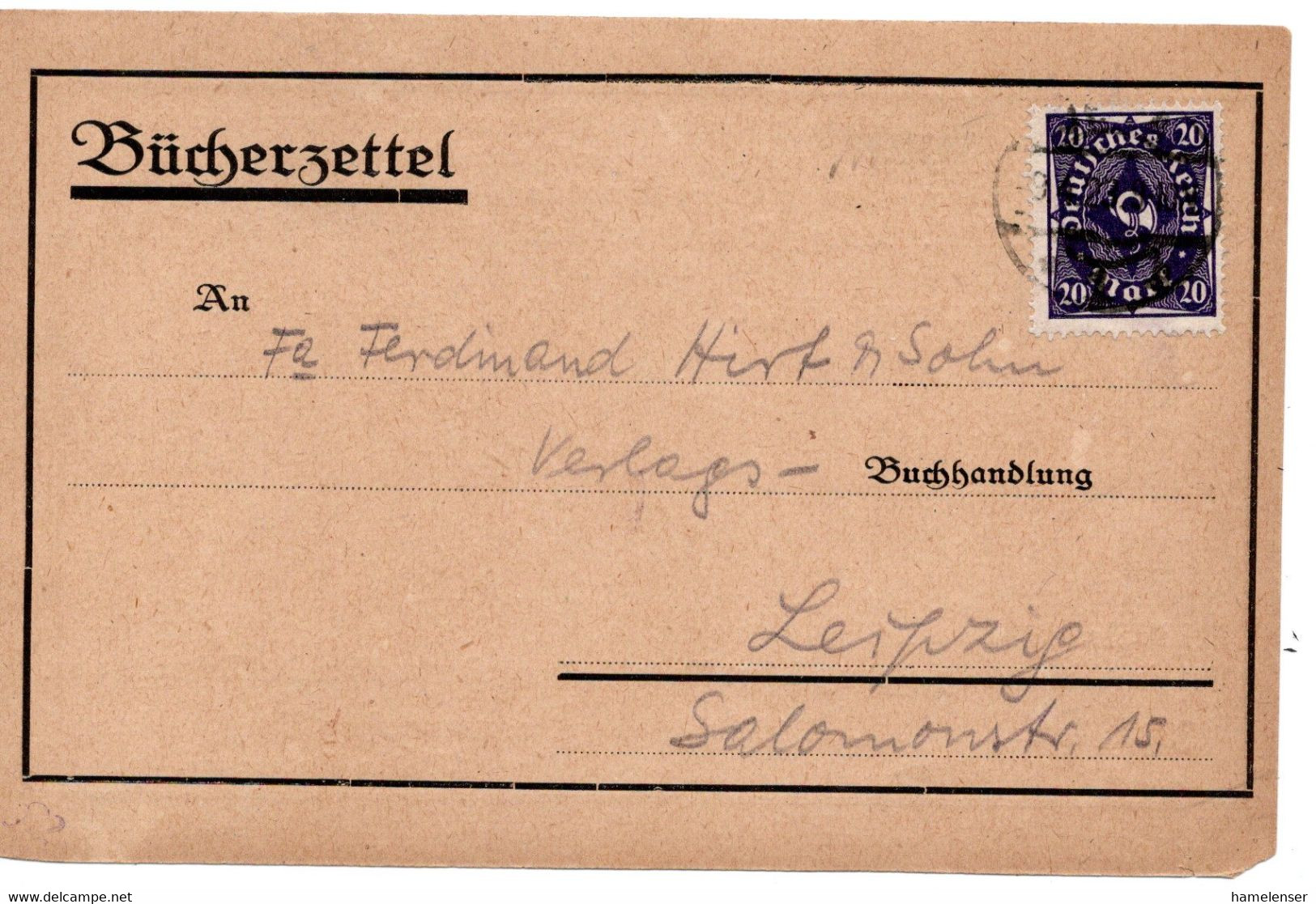 57058 - Deutsches Reich - 1923 - 20M Posthorn EF A Buecherzettel JENA -> Leipzig - Storia Postale