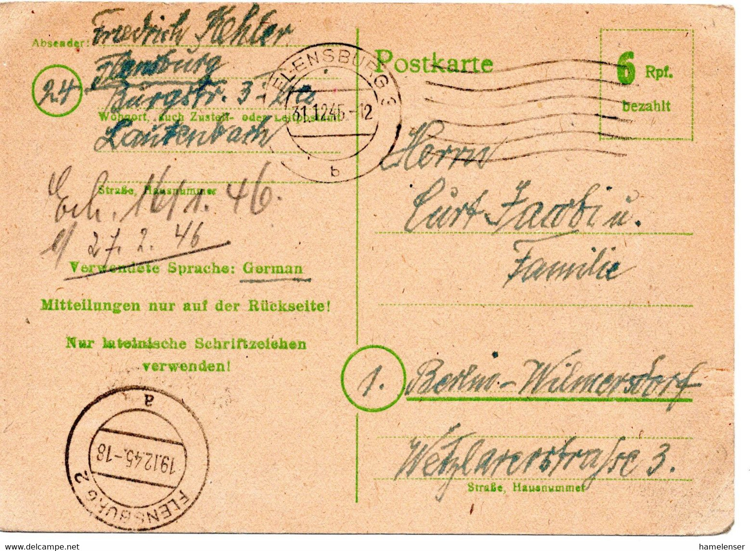 57073 - Alliierte Besetzung / Brit Zone - 1945 - 6Pfg GAKte FLENSBURG -> Westberlin - Sonstige & Ohne Zuordnung