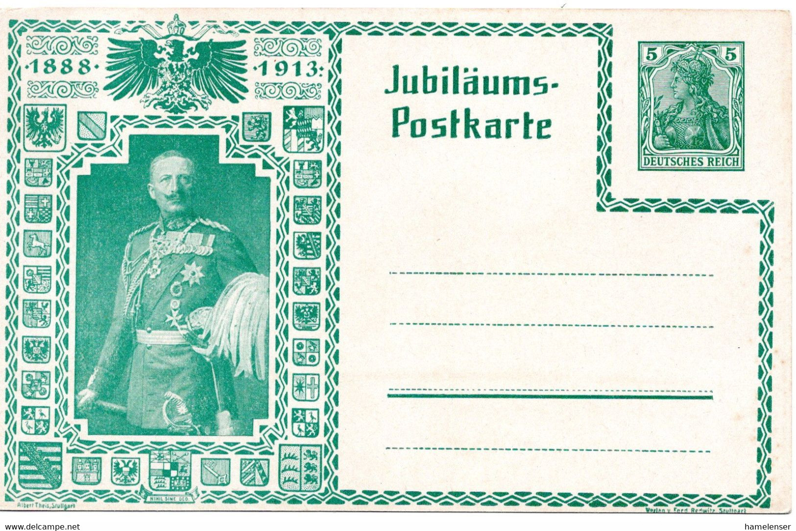57075 - Deutsches Reich - 1913 - 5Pfg Germania PGAKte "Silberjubilaeum Wilhelm II", Ungebraucht - Brieven En Documenten