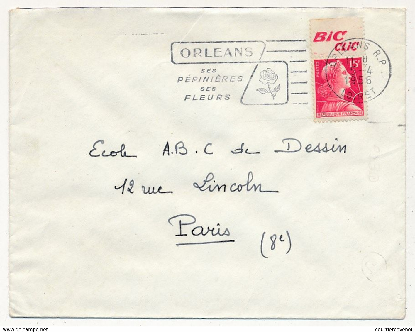 FRANCE - Enveloppe Affr 15f Decaris Avec Bandelette "BIC CLIC" - Omec Orléans RP 1956 - Storia Postale