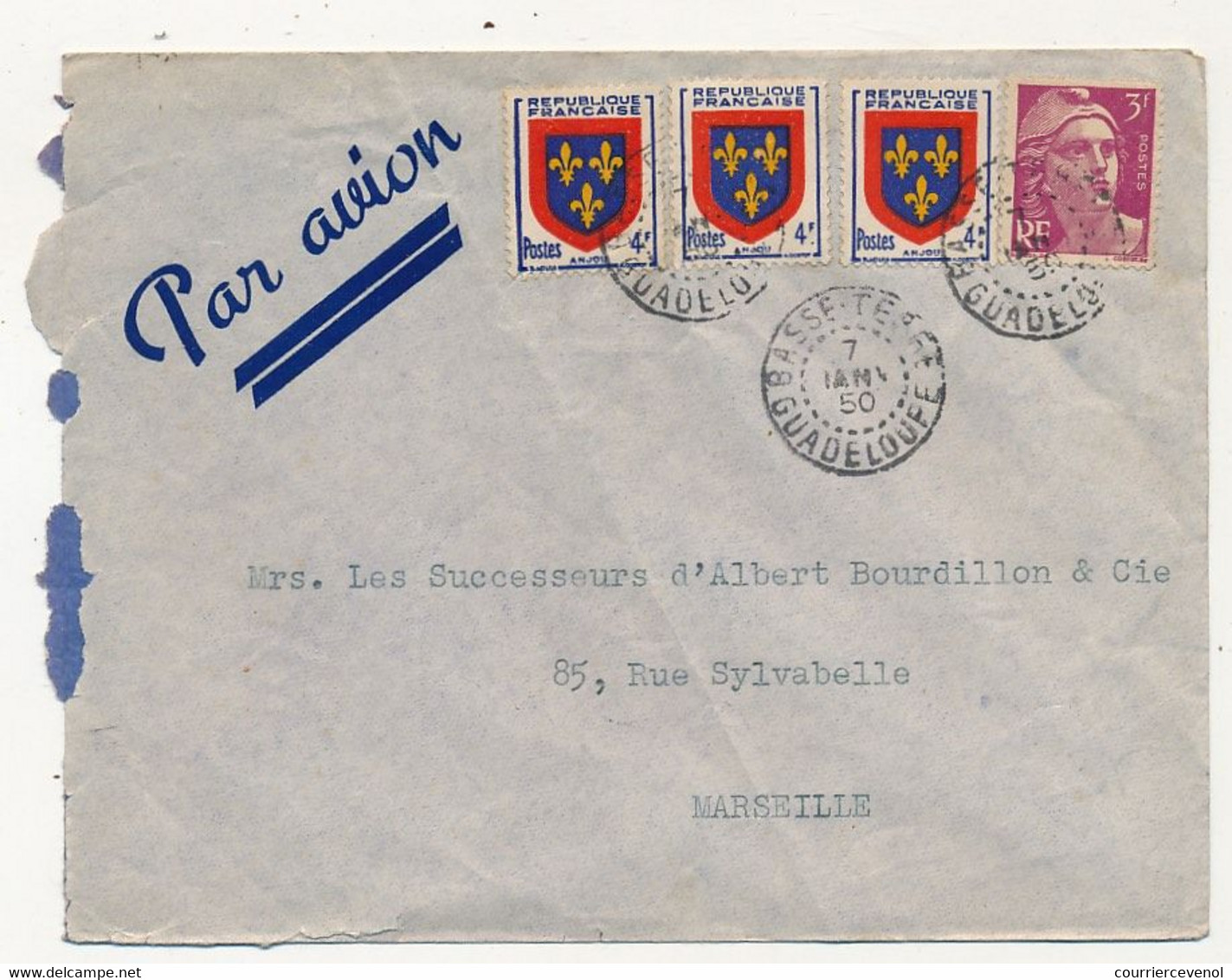 FRANCE - Enveloppe Avion Affr 3F Gandon + 3X4F Anjou Obl "Basse-Terre Guadeloupe" 7 Janvier 1950 - Lettres & Documents