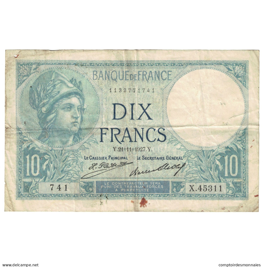 France, 10 Francs, Minerve, 1927, X.45311, TB, Fayette:6.12, KM:73d - 10 F 1916-1942 ''Minerve''