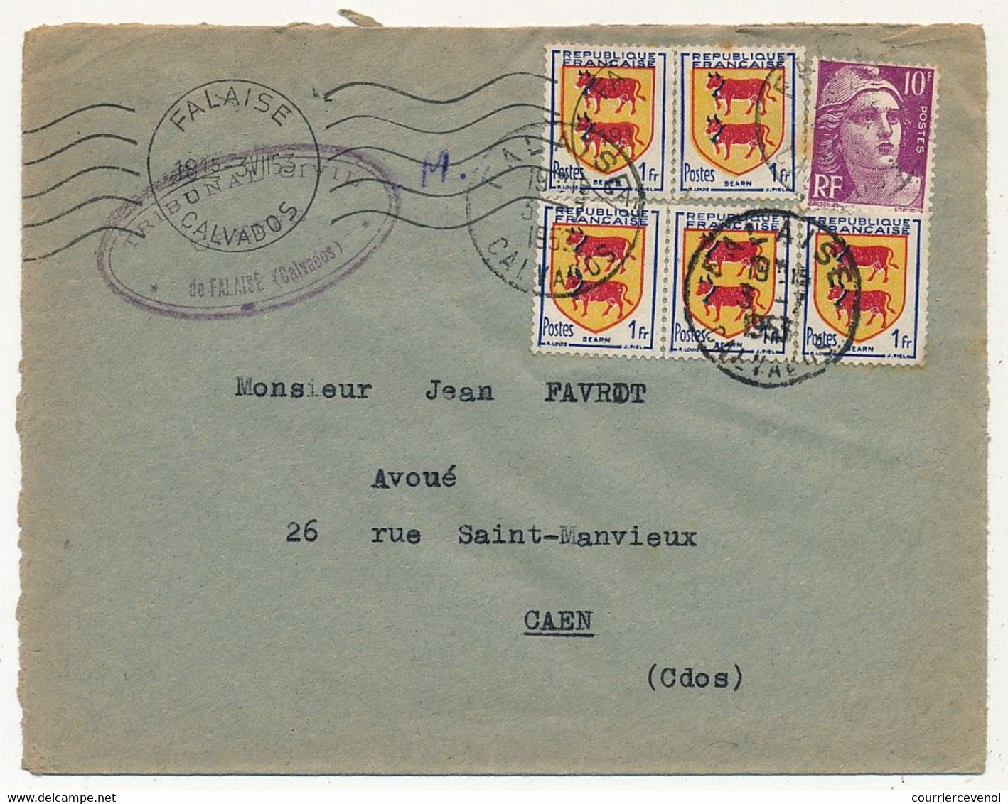 FRANCE - Enveloppe Affr 10F Gandon + 5X1F Béarn Omec "Falaise Calvados" + 2 Cad Idem  1953 - Briefe U. Dokumente