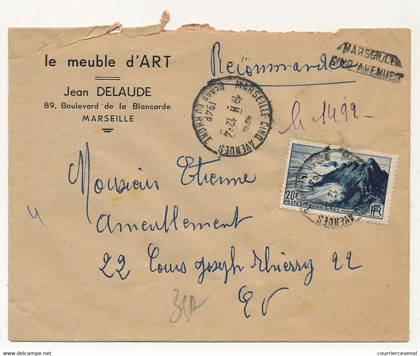 Env Affr 20F Pointe Du Raz Recommandée Provisoire Marseille Cinq Avenues 1948 - Lettres & Documents