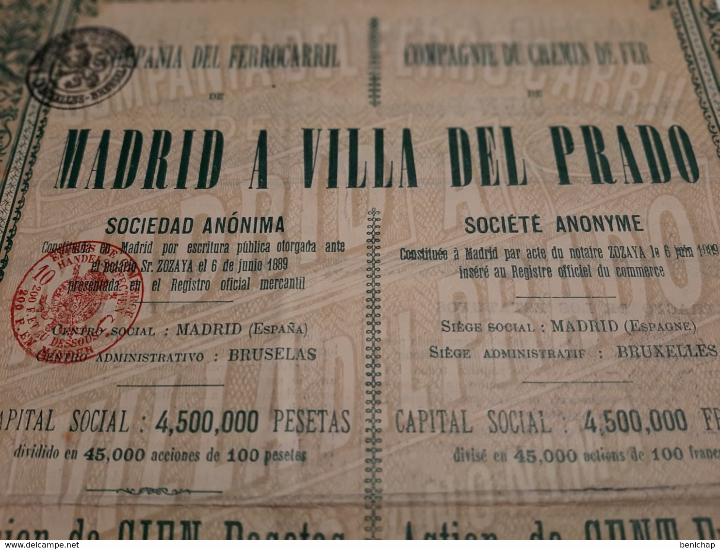 Compania Del Ferrocarril De Madrid A Villa Del Prado S.A. - Accion De Cien Pesetas Al Portador - Madrid - Junio 1889. - Ferrocarril & Tranvías