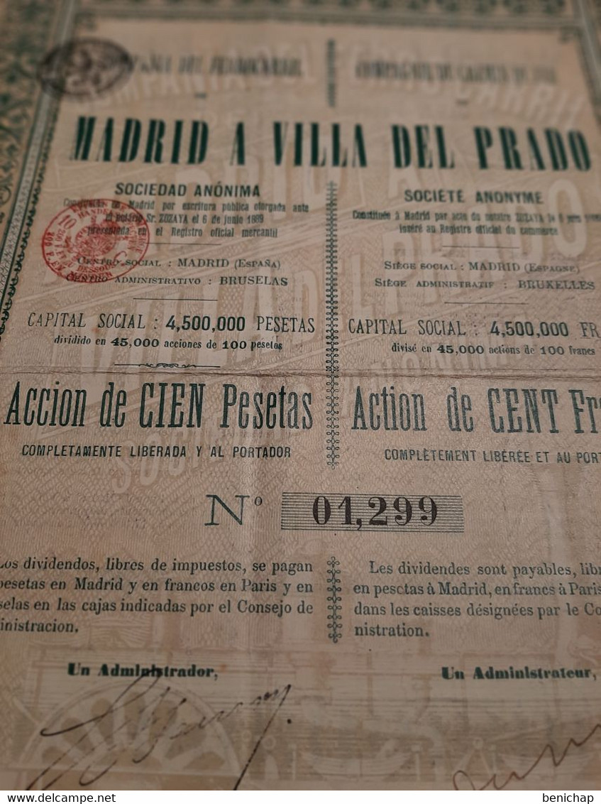 Compania Del Ferrocarril De Madrid A Villa Del Prado S.A. - Accion De Cien Pesetas Al Portador - Madrid - Junio 1889. - Chemin De Fer & Tramway