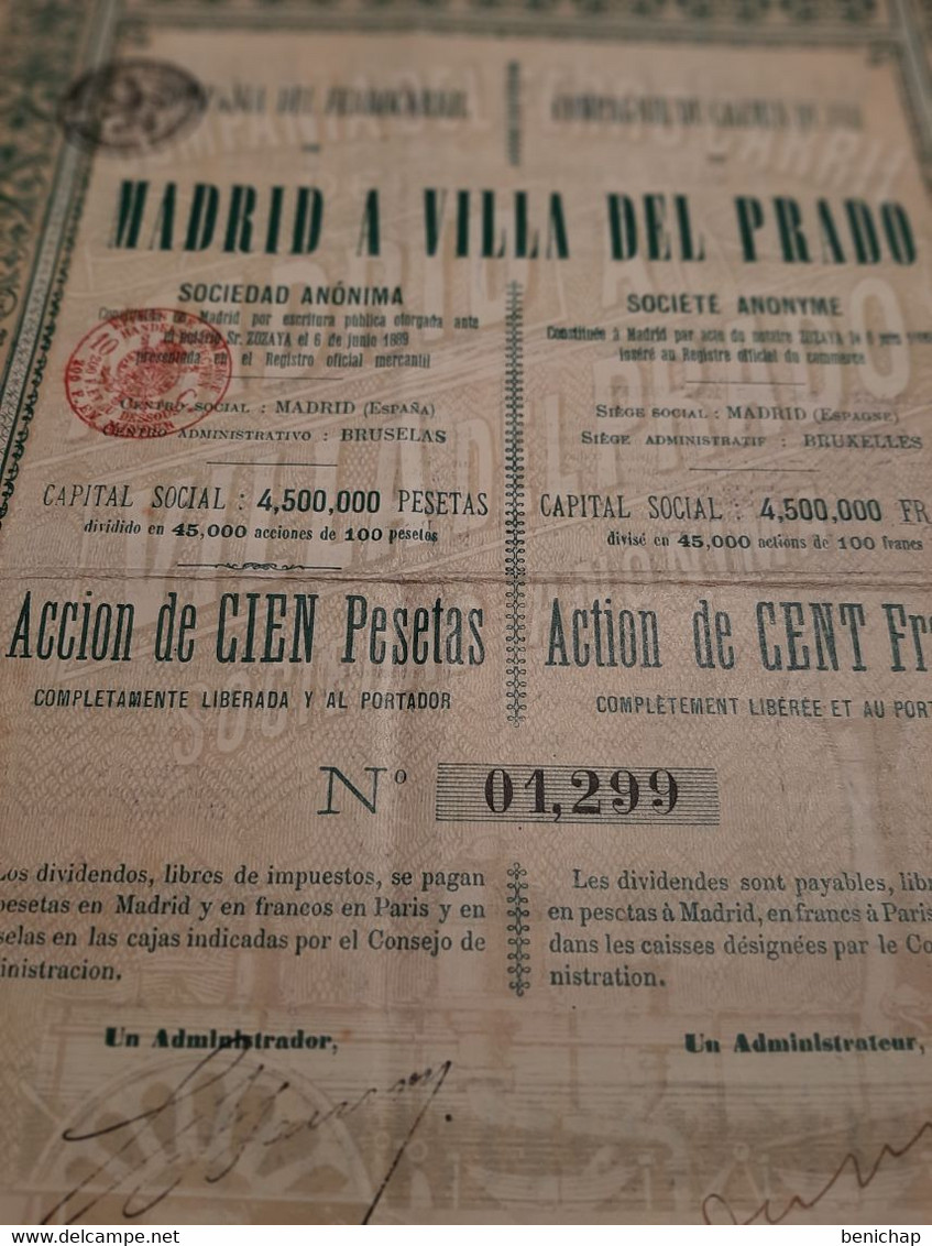 Compania Del Ferrocarril De Madrid A Villa Del Prado S.A. - Accion De Cien Pesetas Al Portador - Madrid - Junio 1889. - Spoorwegen En Trams