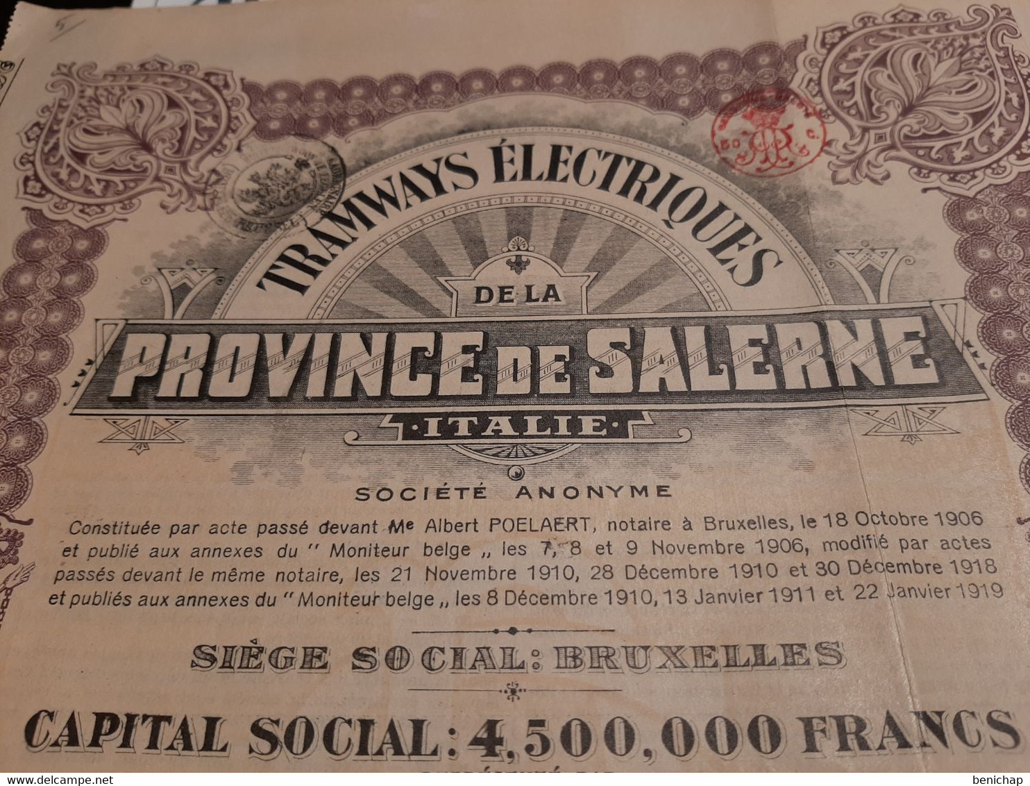 Tramways Electrique De La Province De Salerne - Italie - Action De Capital De 100 Frs.  Au Porteur - Bruxelles - 1919. - Spoorwegen En Trams