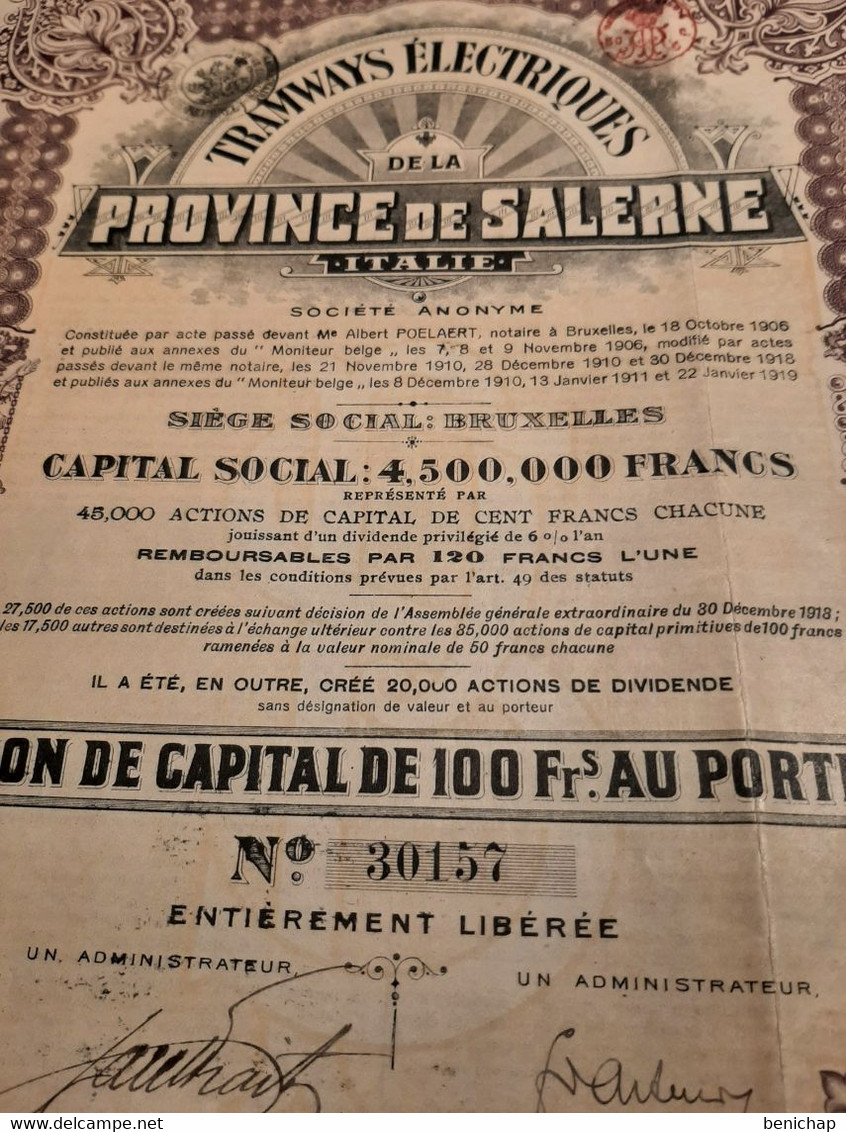 Tramways Electrique De La Province De Salerne - Italie - Action De Capital De 100 Frs.  Au Porteur - Bruxelles - 1919. - Chemin De Fer & Tramway