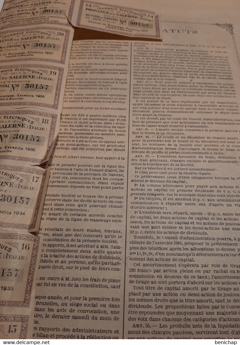 Tramways Electrique De La Province De Salerne - Italie - Action De Capital De 100 Frs.  Au Porteur - Bruxelles - 1919. - Spoorwegen En Trams