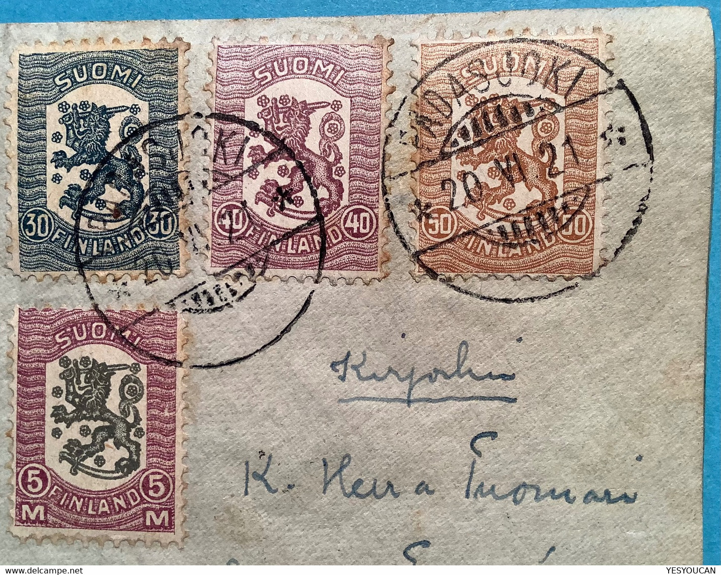 Finland 1918 RARE Wartime Issue Of Vaasa Set Mi 95-102 PADASJOKI 1921 Reg.cover (Finlande WW1 War 1914-1918 Guerre - Lettres & Documents