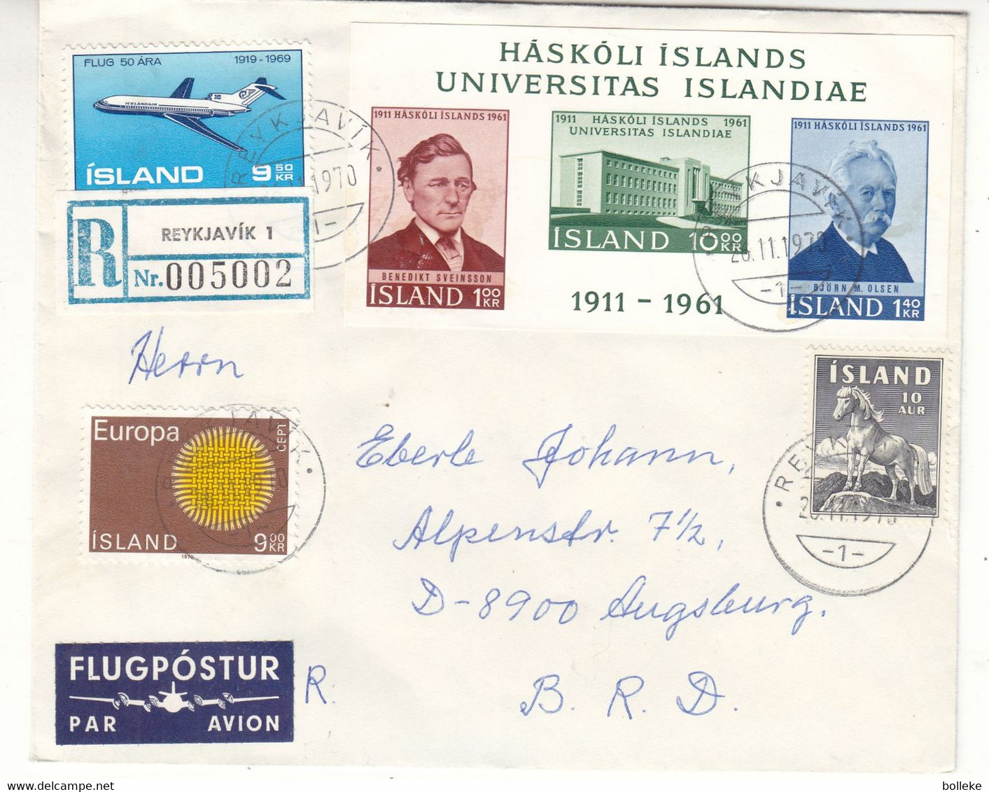 Islande - Lettre Recom De 1970 ° - GF - Oblit Reykjavik - Europa 70 - Avions - Chevaux - Université - - Lettres & Documents