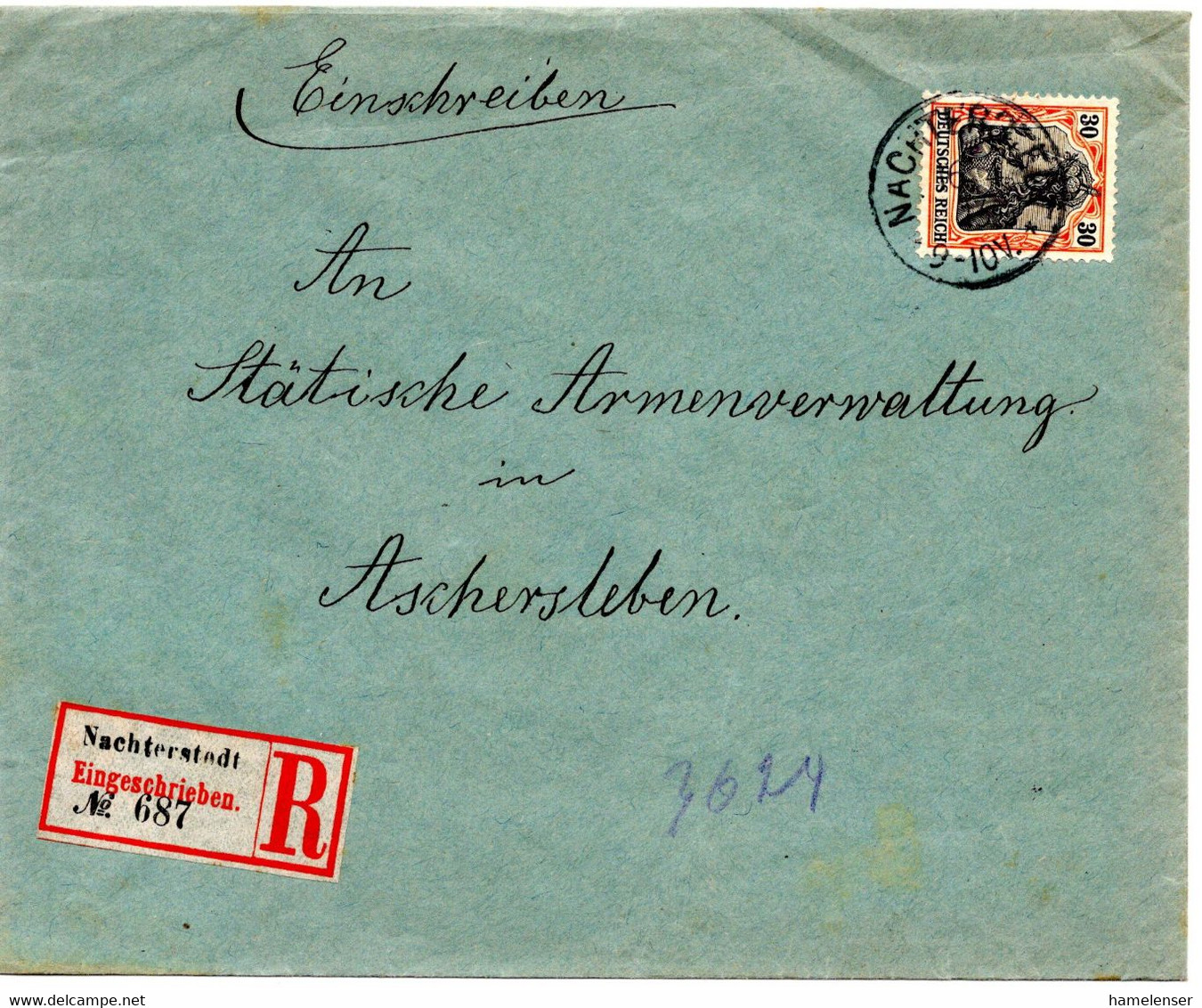 57083 - Deutsches Reich - 1913 - 30Pfg Germania EF A R-Bf NACHTERSTEDT -> ASCHERSLEBEN - Covers & Documents