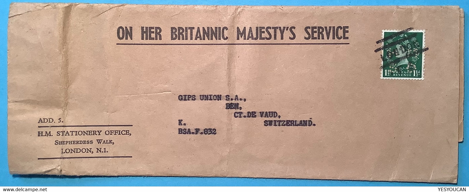 GB Official Stamp H.M.S.O Perfin 1 1/2d Queen Elisabeth II 1952-1958 On RARE WRAPPER London>Bex VD Suisse (cover - Brieven En Documenten