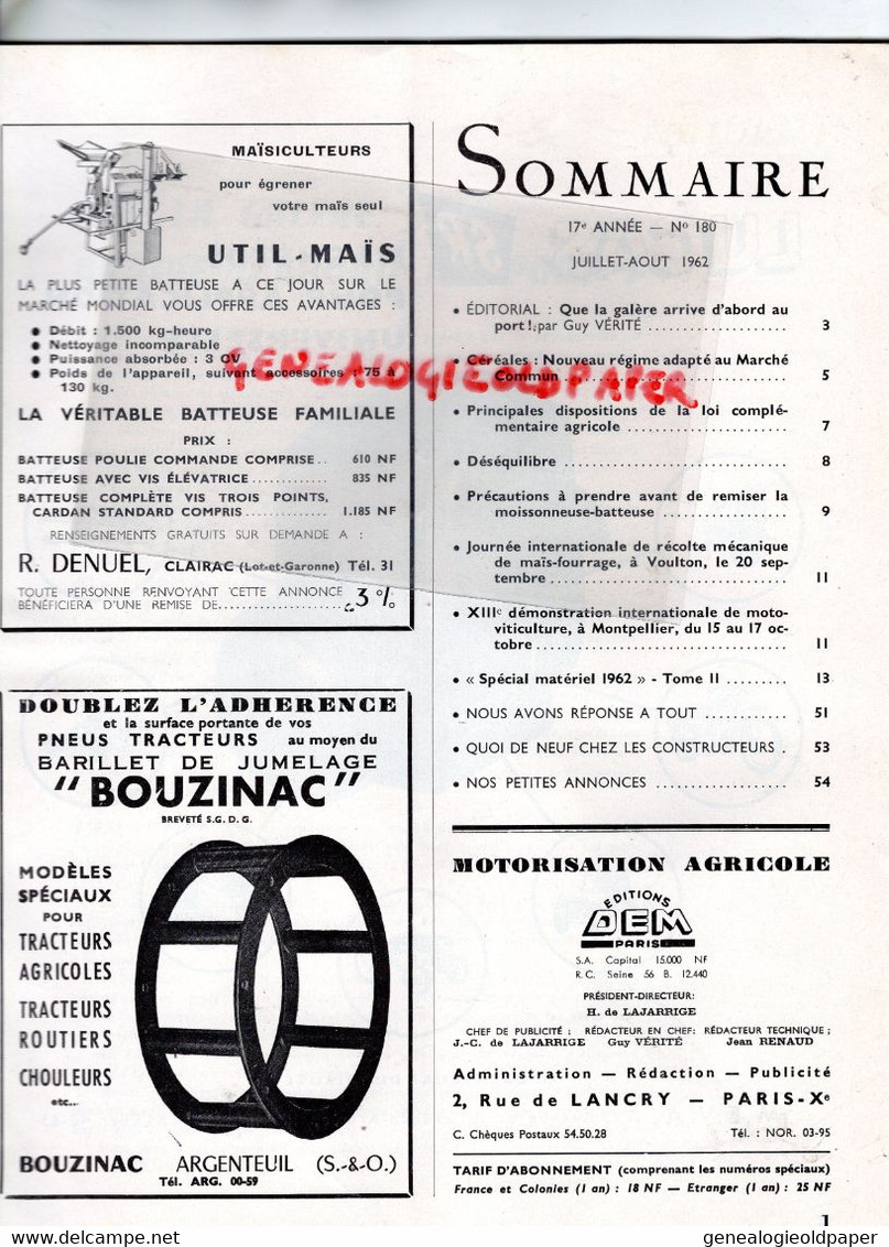 75- PARIS-REVUE MOTORISATION AGRICOLE-1962-AGRICULTURE-BRIGGS STRATTON-TRACTEUR FAUCHEUX-UNIMOG-FIAM ST AMAND-OMIA - Agriculture
