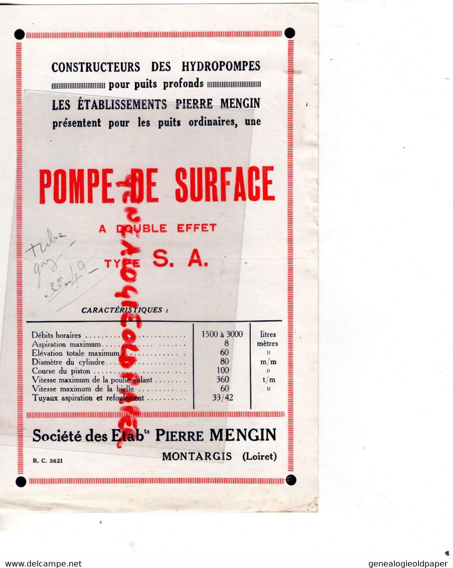 45- MONTARGIS- PROSPECTUS PUBLICITE POMPE DE SURFACE -PIERRE MENGIN- - Agriculture