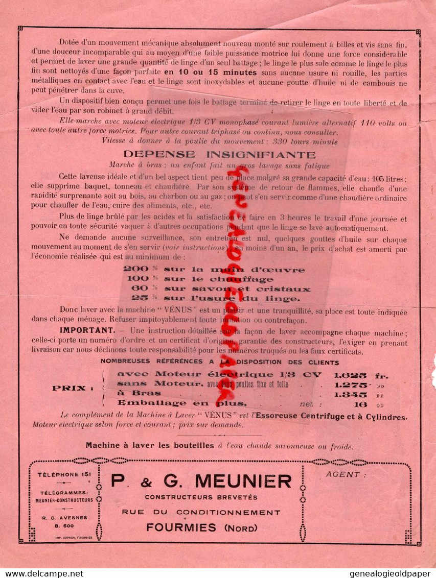 59-FOURMIES- RARE PROSPECTUS PUBLICITE MACHINE A LAVER LA VENUS-P. & G. MEUNIER CONSTRUCTEUR - Landwirtschaft