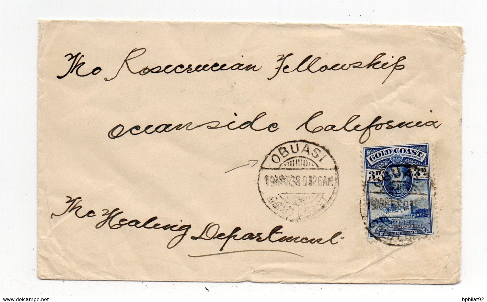 !!! COTE D'OR, GOLD COAST, LETTRE D'OBUASI DE 1938 POUR LA CALIFORNIE - Goldküste (...-1957)