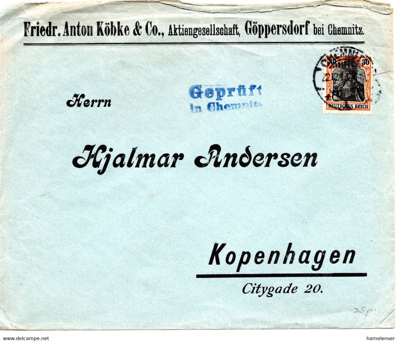 57099 - Deutsches Reich - 1915 - 30Pfg Germania EF A Bf M Dt Zensur CHEMNITZ -> Daenemark - Brieven En Documenten