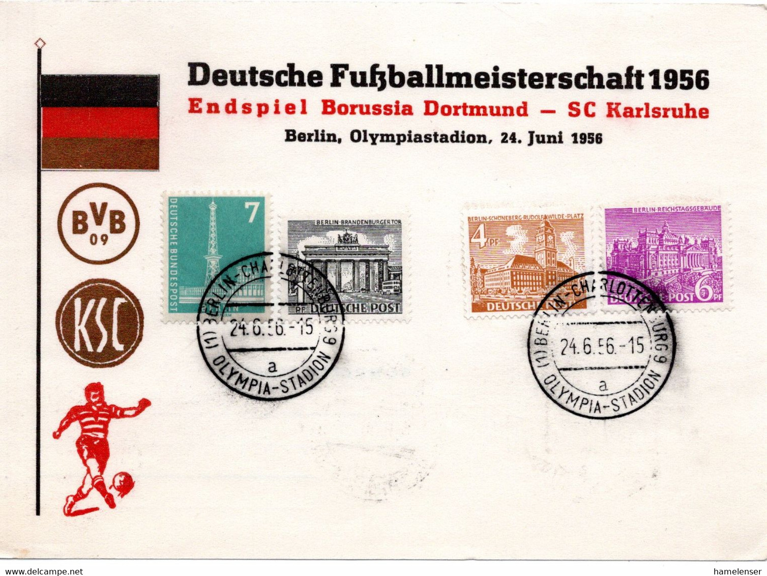 57104 - Berlin - 1956 - 6Pfg Bauten I MiF A SoKte "Deutsche Fussballmeisterschaft 1956" BERLIN - Briefe U. Dokumente